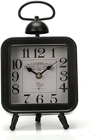 10.8"x6.2" Handcrafted Metal Square Analog Silent Quartz Desk Clock for Hanging or Tabletop Display,Glass on Front (Black,Cafe Tour)