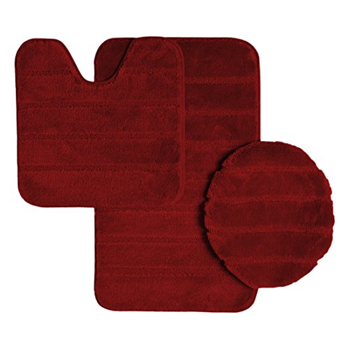 Ribbed Design Soft Pile Solid Color 3 Piece Bathroom Rug Set, Bath Mat, Contour Rug, Universal Lid Cover, Louise (Burgundy)