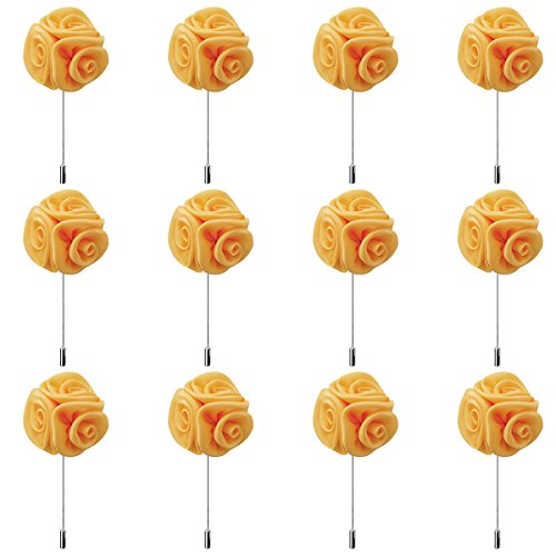 RareLove 12pcs White Lapel Pin Rose Wedding Boutonniere Set for Men Flower (Deep Yellow) - Thumbnail 5
