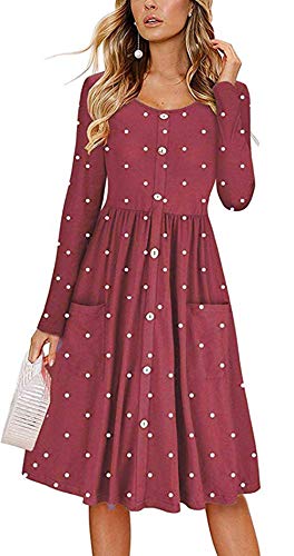 Soyml Womens Long Sleeve Pleated Polka Dot Print Swing Casual Midi Dress with Pockets (Small, Date Red)