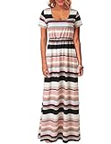 Kranda Summer Boho Striped Empire Waist Maxi Dress with Sleeves