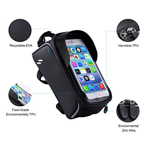 ANVAVA Bike Frame Bag Waterproof Bicycle Top Tube Pouch Phone Holder with Touchscreen Sun Visor and Headphone Hole for iPhone Samsung and other Smartphone Under 6.5 Inch