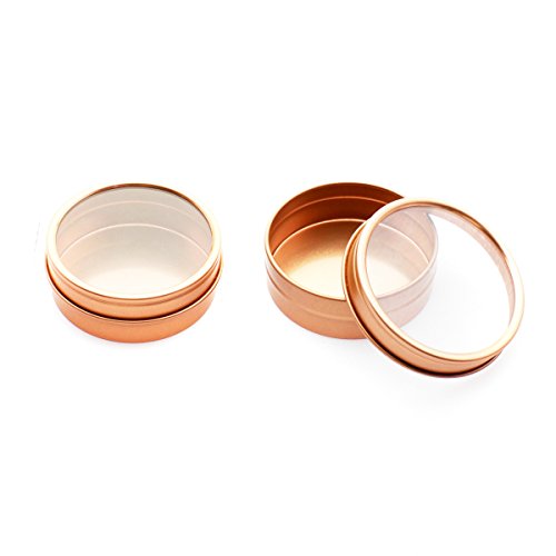 Mimi Pack 2 oz Tins 24 Pack of Shallow Window Top Round Tin Containers with Lids For Cosmetics, Party Favors and Gifts (Rose Gold)