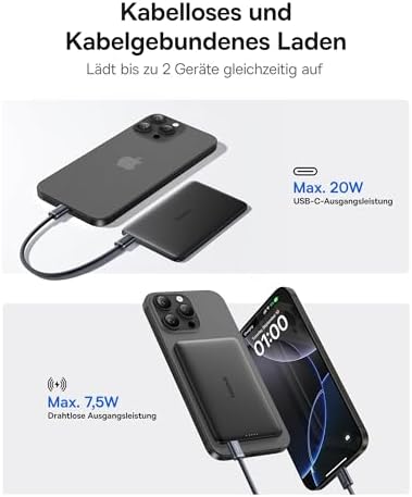 Picogo AM41 Power Bank, Ultra Slim 5000mAh Magsafe Powerbank, PD 20W Schnellladung, Portabel, Wireless Magnetische Externe Batterie mit USB C Kabel für iPhone 17/16/15/14/13/12, Schwarz