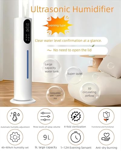 Humidifiers for Bedroom 9L Ultrasonic Cool Mist Humidifier for Large Room, Lasts 52H with 360° Nozzle, Sleep Mode & Auto Shut Off. Top Fill, 300ml/H Mist Speed, Ideal for Baby, Home, Office