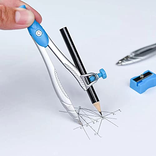 Lifreer Math Compass for Geometry Set,10 Pcs Student Geometry Box Includes Storage Box, Rulers, Protractor, Compass, Eraser, Sharpener, Lead Refills, Pencil for Drafting and Drawings（Blue）