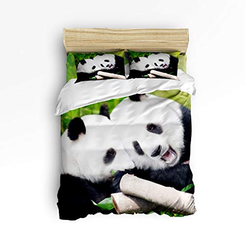 EZON-CH 4 Piece Duvet Cover Sets Cute Soft Bedding Set for Kids,Funny Animal Bear Panda with Bamboo Pattern Bed Sheet Set,Include 1 Flat Sheet 1 Duvet Cover and 2 Pillow Cases,Twin Size