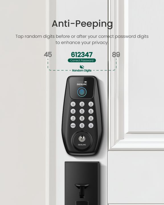DESLOC C110 Fingerprint Keyless Entry Door Locks, Front Door Smart Lock Deadbolt with Handle Set, Auto-Lock, Backlit Keypad, 12 Months Battery, IP54, BHMA Grade 3 (Black)