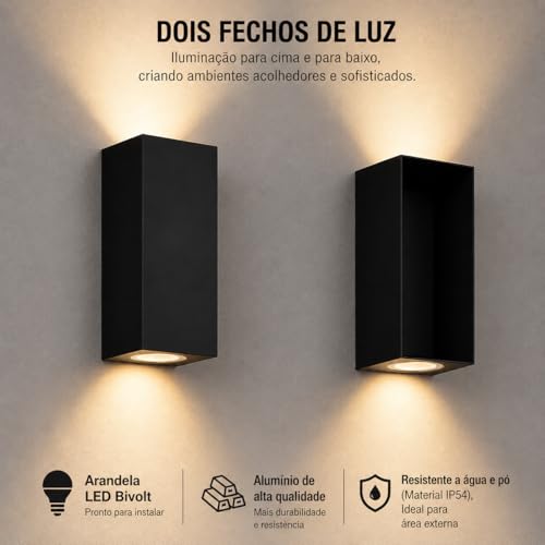 Luminária Arandela LED Externa 2 Fachos Quadrada IP54 Preta para Fachadas