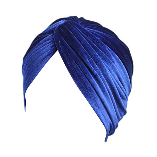 Fxhixiy Women's Stretch Velvet Twist Pleasted Hair Wrap Turban Hat Cancer Chemo Beanie Cap Headwear (Blue)