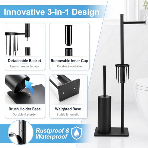 DAZI Toilet Brush Set with Toilet Paper Holder and Storage Basket, Stainless Steel Toilet Brush Freestanding, 3 in 1 Floor Standing Toilet Paper Holder Minimalist Style Space Saving