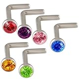18g 18 gauge 1mm , 7mm long - 316L Surgical Stainless Steel nose rings studs screws bones bars with Swarovski Crystals lot ABRT - Pierced Body Piercing Jewelry- Set of 6