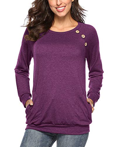 Hisweet Women's Casual Button-Down T-Shirt Crewneck Tops Long Sleeve Tunic Loose Blouses Purple XL