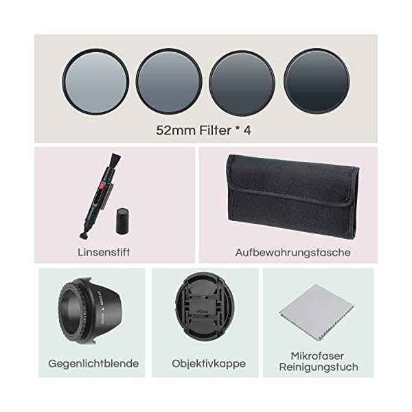 Zacro 52mm Objektiv Filter Set ND2, ND4, ND8, ND16 Kit mit Objektivstift Filtertüte Gegenlichtblende Objektivdeckel und… – Bild 4