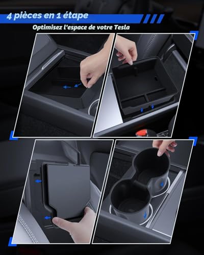 LANTU 4 Pack Accessories for Tesla Model Y 2025-2026 Juniper Center Console Organizer, Armrest Storage Box, Hidden Box and Cup Holder (Flocking)