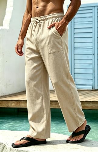 Cegerne Pantalones de Lino Hombre Largos Ligeros, Pantalón de Verano Casual con Cintura Elástica y Cordón, para Playa Vacaciones Medieval Vintage y Uso Diario