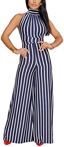 JUSICA Womens 1 Piece Classy High Waisted Wide Loose Pants Backless Club Jumpsuit For Women Blue,L