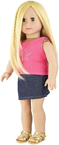 WWS Toy - Doll Clothes and Accessories For 18 inch Dolls Such as American Girl Doll Accessories,Summer Set Includes 3 Pieces - X1 Sleeveless T-shirt, X1 Denim Mini Skirt, and X1 Golden Sandals