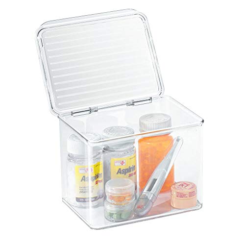 mDesign Stackable Plastic Storage Bin Box with Hinged Lid Organizer for Vitamins, Supplements, Serums, Essential Oils, Medicine Pill Bottles, Adhesive Bandages, First Aid Supplies - Clear
