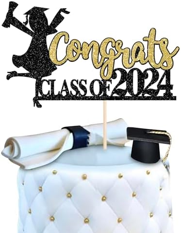 Class Of 2024 Graduation Cake Topper - Black & Blue Glitter Grad Cap Decoration With Pick - View #3