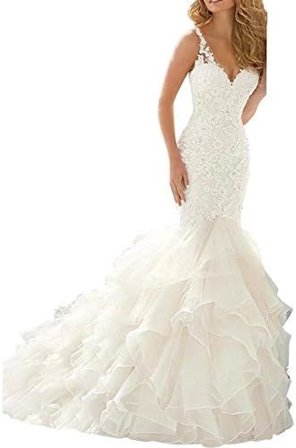 Mermaid Organza Wedding Dress for Bride Lace Applique V-Neck Ruffles Bridal Gown S013