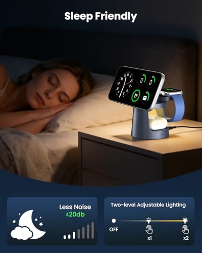 GEEKERA 25W 3-en-1 Estación de Carga con Luz Nocturna, Cargador Rápido Portátil Compatible con MagSafe para iPhone Air/17/16/15/14/13/12, Apple Watch 2-11, AirPods, incluye Adaptador GaN 45W, Gunmetal