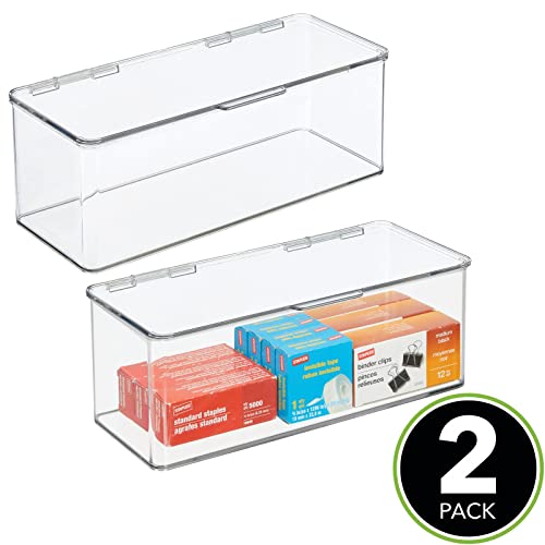 mDesign Plastic Stackable Storage Organizer Box with Hinged Lid Long