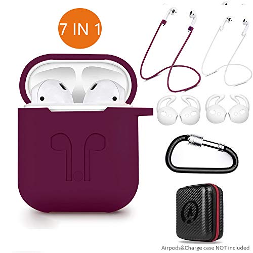 AirPods Case 7 in 1 Airpods Accessories Kits Protective Silicone Cover and Skin for Airpods Charging Case with Ear Hook Airpods Staps/Skin/Tips/Keychain Burgundy by Amasing
