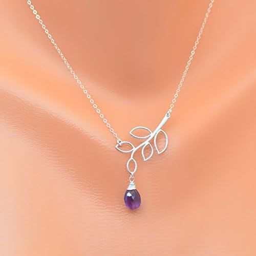 sterling silver or gold fil necklace, personalized birthstone and branch of leave necklace