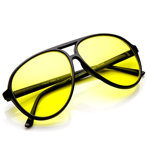 zeroUV - Retro 80s Vintage Blue Blocking XL Large Plastic Aviator Sunglasses (Night Driving | Black / Yellow)