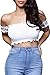 Women's Sexy Off Shoulder Ruffle Crop Top Short Sleeve Ribbed Bustier Bandeaux S White