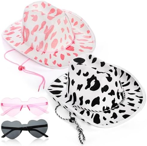 Cow Print Cowboy Hat with Heart Sunglasses, Western Costume Accessory JIANGLAI Cow Print Cowboy Hat with Feathers with Heart  main image 4
