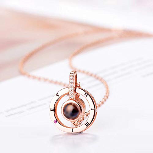 Fellee I Love You Pendant Necklace, 100 Different Languages I Love U, The Memory Love Nanotechnology Projection Necklace (Rose Gold)