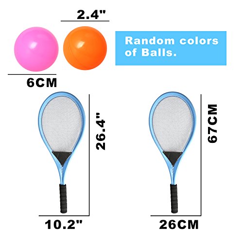 Pack of 2 26'' Badminton Tennis Rackets Kit with 2 Balls Junior Sports Elastic Mesh Badminton Racquets Set for Kids Outdoors Play Game Toy(9376A-Blue)