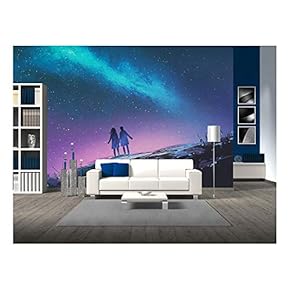Young Couple Standing Holding Hands Against The Milky Way Galaxy,Illustration Painting - Removable Wall Mural | Self-Adhesive Large Wallpaper - 66x96 inches