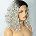 Cosswigs Ombre Platinum Blonde Wig Realistic Looking Soft Curly Wavy Bob Synthetic Lace Front Wigs Glueless Dark Roots Heat Resistant Hair 14inches