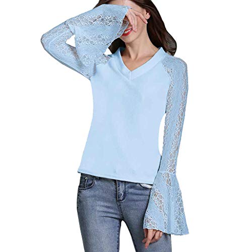 Slim Fit Blouses for Women,SMALLE◕‿◕ Hot Women's Perspective Lace Trumpet Sleeve V-Neck Casual Slim Blouse Blue - Thumbnail 2