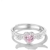 YILUOCD Pink Angel Wings Heart Rings, Adjustable Opening Size Rings for Women, Angel Memorial Ring with Heart Gemstone, Promise Ring Best Birthday Gift Christmas Gifts
