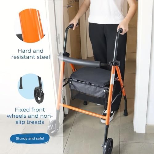 , Andador Plegable, Ligero, Nerón, con Asiento y Respaldo, 2 ruedas, Conteras Antideslizantes, Máx. 100 Kg, Cesta, Acero, Naranja