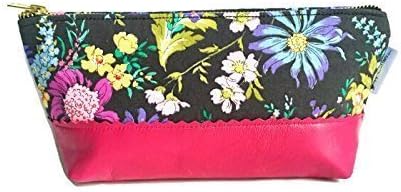 Floral Black Leather Pouch, Small Toiletry Bag, Makeup Bag, Women's Leather Clutch, Travel Cosmetic Bag