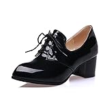 Lucksender Womens Vintage Style Patent Leather Mid Chunky Heel Lace Up Oxford Shoes