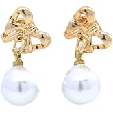 Sweet Pearl Bow Clip On Earrings for Women, Dainty 14K Gold Bowknot Pearl Drop Statement Earrings Trendy Non Piercing Ear Jewelry Accessories Gifts
