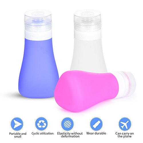 Silicone Travel Bottles, Leakproof Containers Set Portable Soft Travel Bag, Refillable Spray/Squeeze Accessories with TSA Approved for Shampoo, Toiletries, Conditioner, Lotion, Cosmetics-3 oz, 3 Pack