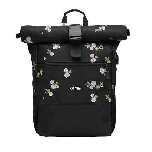 Ela Mo® Rolltop Rucksack Damen - Rollrucksack Anti Diebstahl für Sport & Reisen - Laptoprucksack für Schule, Uni, Business - Mit USB Anschluss & kompa