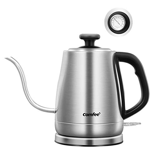 COMFEE' MK-12S07A Gooseneck Electric Kettle Stainless Steel Drip for Pour Over Coffee and Tea, Feature and Thermometer Gauge on Top, 1.2 L, 1500W Fast Boiling. BPA Free