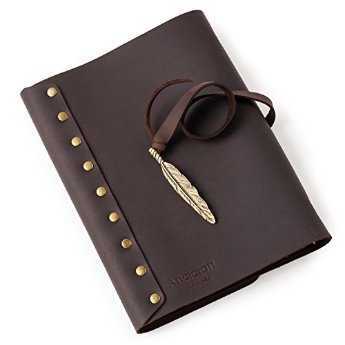 Ancicraft-Soft-Genuine-Leather-Journal-Diary-Notebook-with-Retro-Feather-Charm-6-Ring-Binder-A5-Blank-Craft-Paper-Dark-Brown-A5-Blank-Craft-Paper