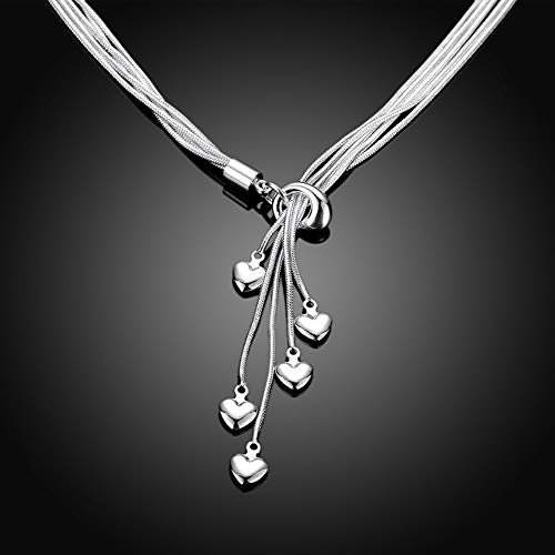 Silver Initial Chain Necklace, Five-line Chain with Five-Heart Charm Love Heart Necklace(20")