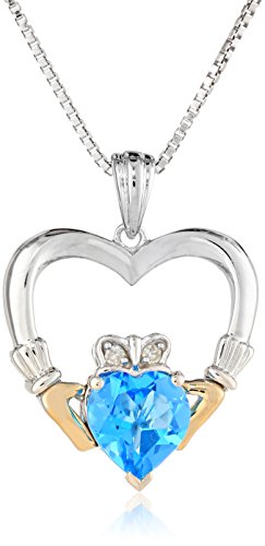 Sterling Silver and 14k Yellow-Gold Blue Topaz Heart and Diamond Claddagh Pendant Necklace, 18