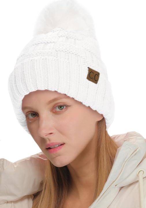 Womens Pom Pom Winter Hats Soft Warm Faux Fur Knitted Hat Beanie