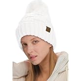 C.C Knit Beanie Hat – Fuzzy Fleece Lined Warm Winter Hat, Faux Fur Pom Soft Stretchy Slouchy Knit Cap, Cold Weather Beanie
